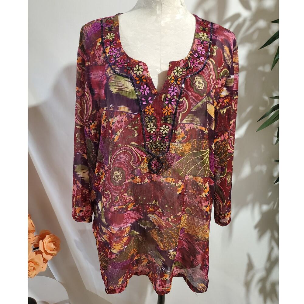 Notations Sheer Embroidered Sequin Blouse Size XL Boho Hippie Retro Floral Pink